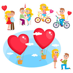 Loving couple set - kissing, dating, making proposal, romantic relationships, happy together, cartoon, comic vector illustration isolated on white background. Loving couple, kissing, dating, proposal