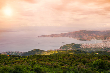Panorama of the Greek city of Volos at sunset. Volos Greece. View from the mountain on the Volos