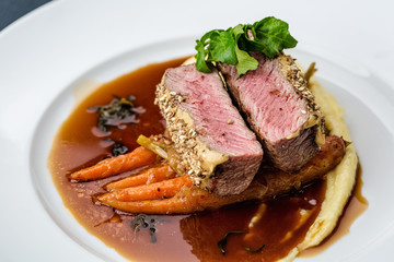 grilled tuna with baby carrot and mashpotato