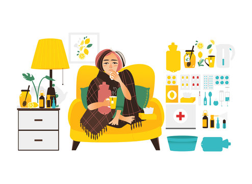Sick woman sitting at home and big set of cold, influenza treatment elements, flat vector illustration isolated on white background. Sick woman and flu, cold related elements, medicines, objects
