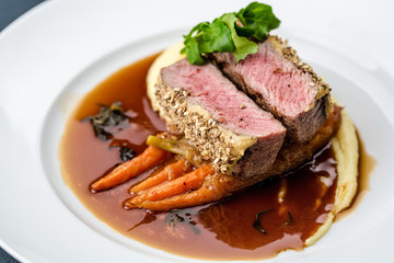 grilled tuna with baby carrot and mashpotato