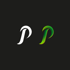 Capital letter P logo green gradient style monogram, set bold line calligraphic handwritten initials emblem mockup, identity typography design element template