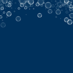 Random soap bubbles. Abstract top border with random soap bubbles on deep blue background. Vector illustration.