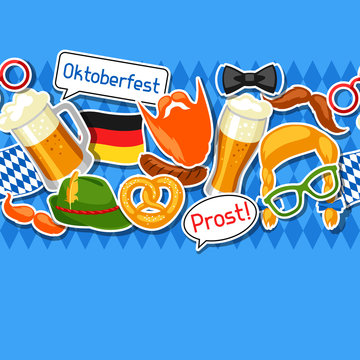 Oktoberfest seamless pattern with photo booth stickers. Background for festival and party