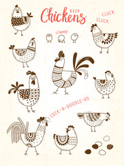 Vector images of chickens, hens, cocks, eggs in cartoon style, line art. Elements for design cover food package, advertising banner, card - 164600978