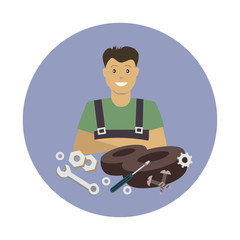 Young man mechanic, Auto service flat illustration.