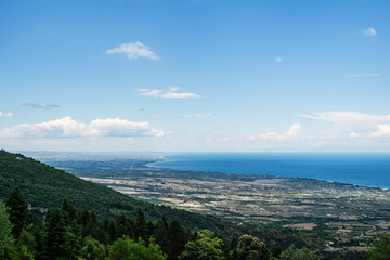 Panorama of the Greek city of Katerini at sunset. Katerini Greece. View from the mountain on the Katerini.