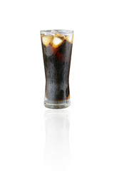 Cola water in a glass with ices isolated on white background, with clipping path-industrial food and drink concepts.