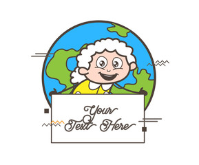 Cartoon Granny with Blank Banner Isolated on Earth Background Vector Illustration