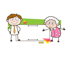 Cartoon Granny and Young Boy with Ad Banner Vector Illustration