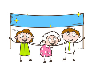 Cartoon Granny with Kids Holding a Banner Vector Illustration
