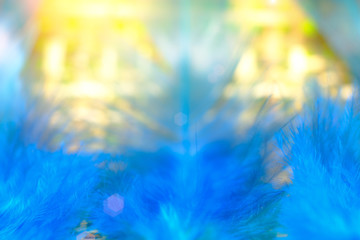 close up and selective focus on blue feather on bamboo weave texture