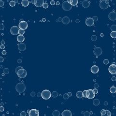 Random soap bubbles. Square abstract frame with random soap bubbles on deep blue background. Vector illustration.