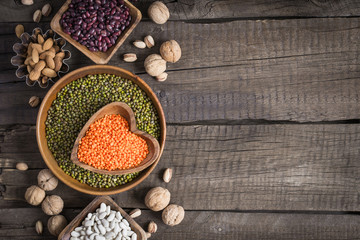 Sources of vegetable protein. collection of various legumes and nuts.