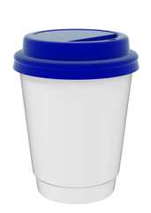 3D illustration of a mockup cardboard cup of coffee or tea to takeaway with blue plastic cap. With shadow on white background