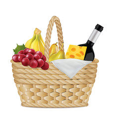 Picnic basket with bottle of wine, grapes, a branch of bananas, cheese, pears, napkin on white. Vector illustration