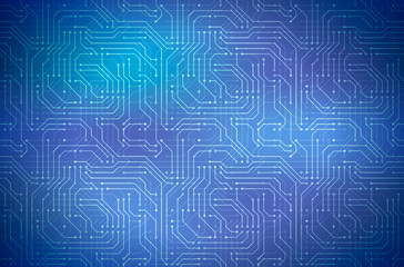 Complicated computer microchip on blue, abstract horizontal background