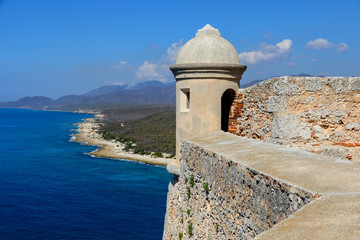 Tower of San Pedro de la Roca Castle (Castillo del Morro) overlooking the bay of Santiago de Cuba