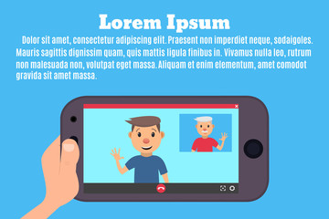 Smartphone in hand. The interface of the video call application. Videochat between father and son. Vector illustration in a flat style