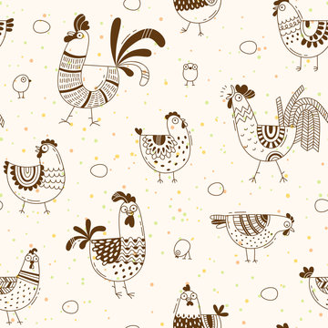 Seamless pattern with chickens, roosters, eggs in cartoon style, line art. Background for design cover product packaging, advertising banner, card
