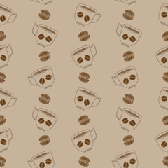 Seamless pattern with cup of coffee and grain embroidery stitches imitation