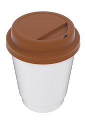 3D illustration of a mockup cardboard cup of coffee or tea to takeaway with brown plastic cap. With shadow on white background