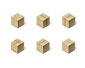 Set of six isometric cardboard boxes isolated on white.