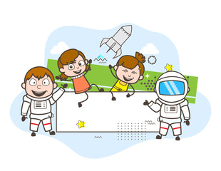 Cartoon Astronaut with Happy Kids and Banner Vector Illustration