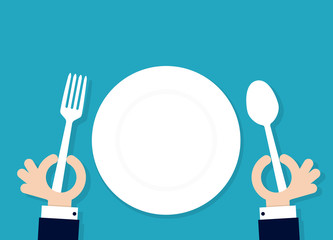 cartoon hahds holding fork and spoon with empty plate