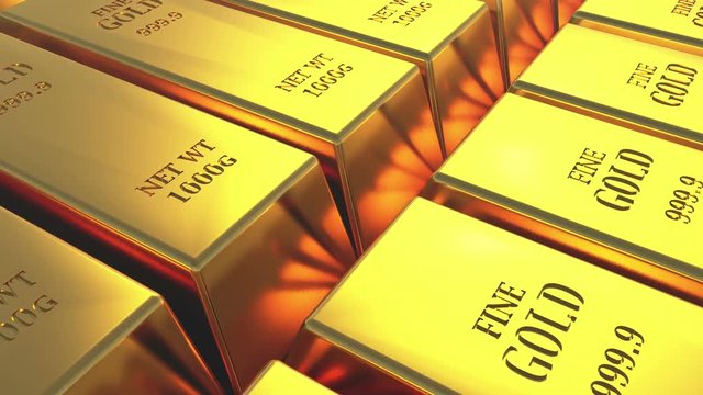 4k Gold bullion gold bars treasury wealth Ingot luxury finance goods trading,3D animation of stacked gold bars.