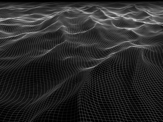 3d illustration of wireframe waves mesh. Abstract landscape. Geometric black background.