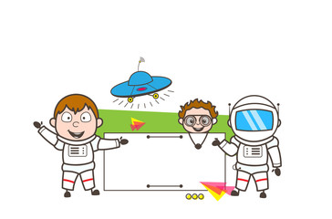 Cartoon Astronaut with Banner, UFO and Kid Vector Illustration