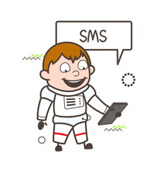 Cartoon Astronaut Reading Sms in Mobile Vector Illustration
