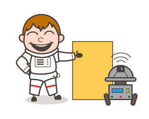 Cartoon Astronaut with Robot and Presentation Board Vector Illustration
