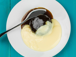 Sticky Toffee Pudding Dessert Served With Hot Custard