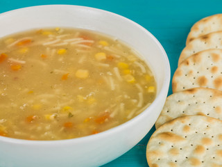 Chicken Sweetcorn and Noodle Soup With Crackers