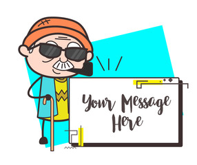 Modern Cartoon Grandpa with Blank Banner Vector Illustration