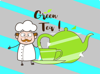 Cartoon Chef with Green Tea Vector Illustration