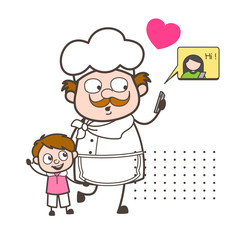 Cartoon Chef with Little Boy and Chatting on Mobile Vector Illustration