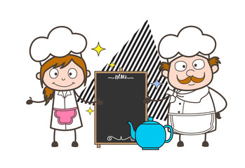Cartoon Male and Female Chef with Ad Banner Board Vector Illustration