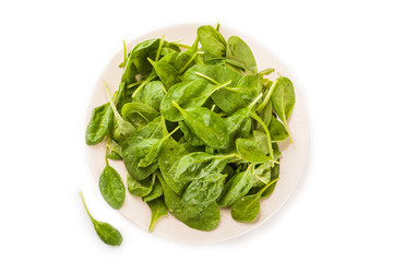 A fresh green spinach leaf isolated against a white background