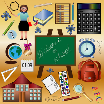 A set of "good-to-school", "return to school", teacher, bell, calculator, globe, abacus, school, backpack, book, notebook, alarm clock, school board, pencil, paint, calendar.