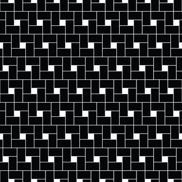 Pythagorean tiling. Squares tessellation vector. Repeated white checks sequence on black background. Surface pattern design with polygons. Mosaic motif. Grid wallpaper.