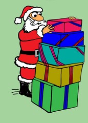 Christmas cartoon illustration showing Santa Claus standing by a tall stack of wrapped gifts. 