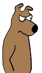 Cartoon illustration of a suspicious dog standing on its hind legs. 