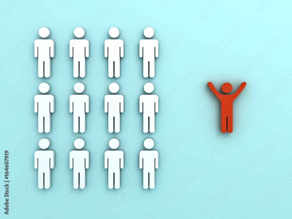 Aufkleber Stand out from the crowd and different concept , One red man standing with arms wide open isolated from other people on light green pastel color background with reflections and shadows . 3D rendering.