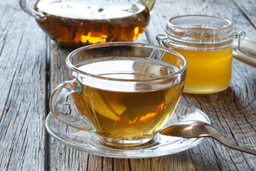 Hot tea on wooden table