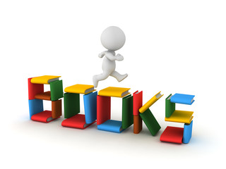 3D Character running on top of "books" sign made up of books
