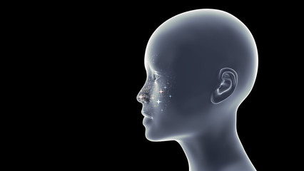 beautiful young woman with sparkling pink and blue stars around her face (conceptual 3d illustration on a black background)