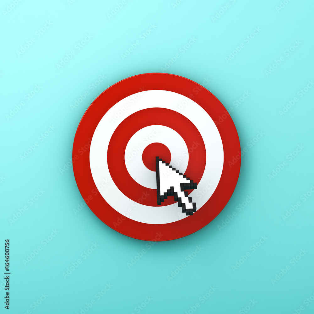 Leinwandbilder Arrow cursor clicking in the center of the red dart board or target isolated on green pastel color background with shadow . 3D rendering.